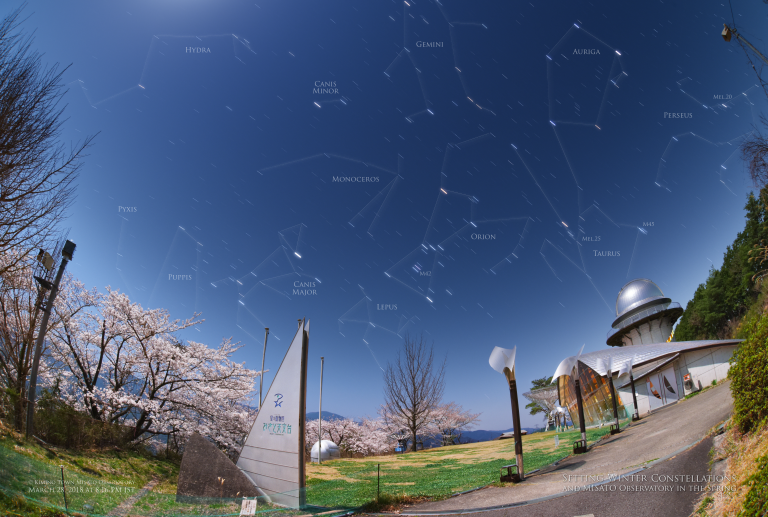 沈み行く冬の星座達と満開の桜(星座線入) 2018年3月28日